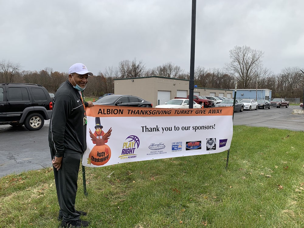 Milt Barnes at Turkey Giveaway AlbionMich Thanksgiving 2021